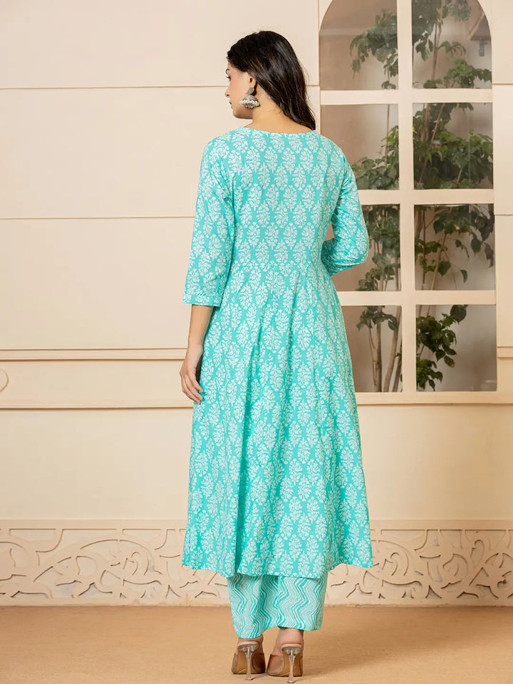 Turquoise Embroidered Pure Cotton Anarkali Kurta Trouser With Dupatta Set