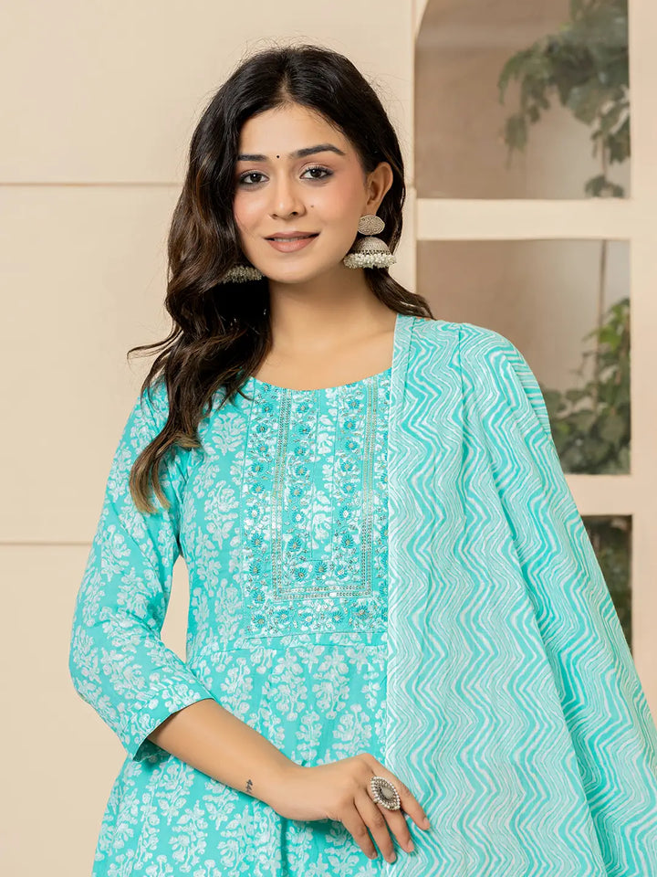 Turquoise Embroidered Pure Cotton Anarkali Kurta Trouser With Dupatta Set