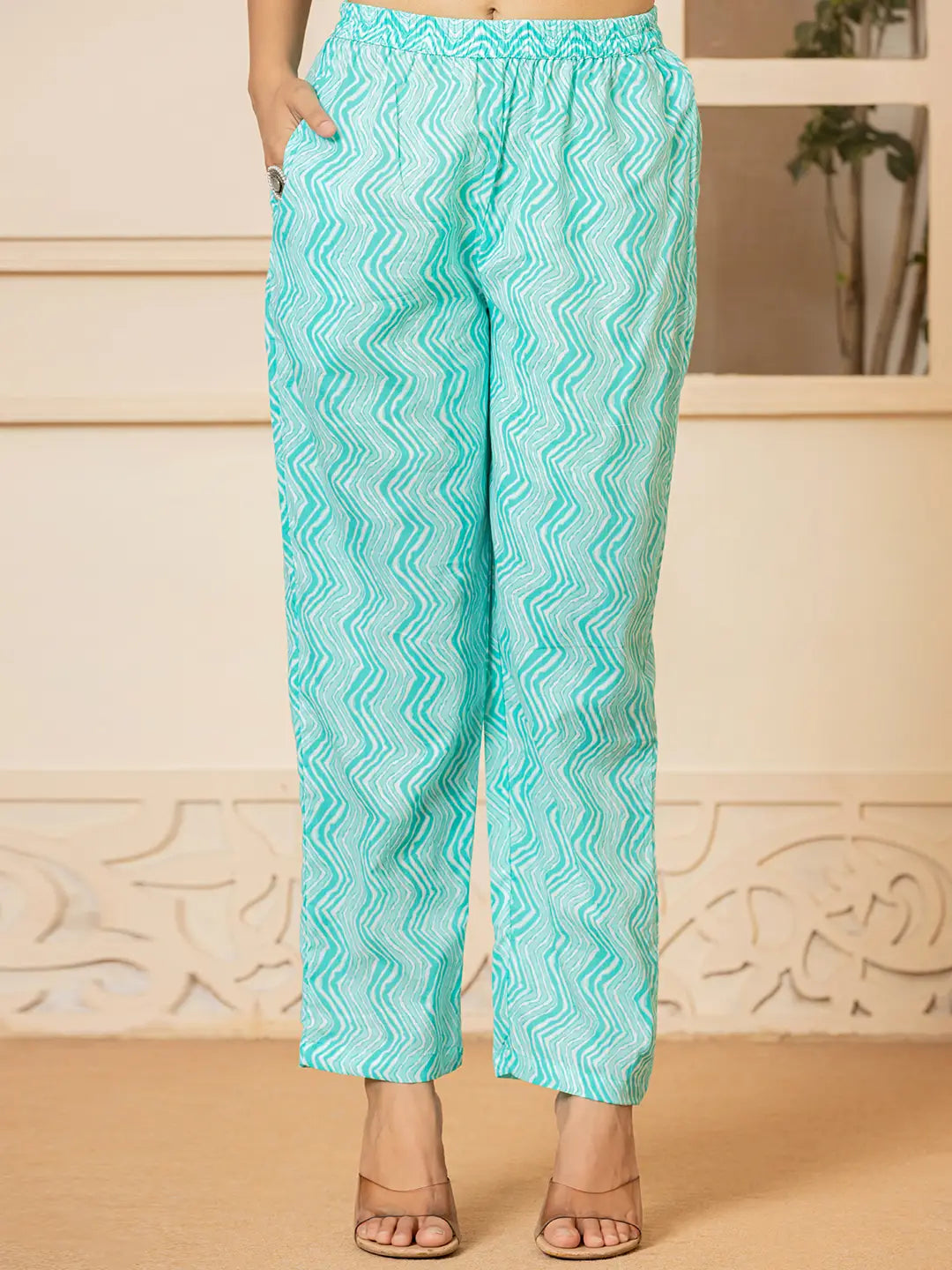 Turquoise Embroidered Pure Cotton Anarkali Kurta Trouser With Dupatta Set