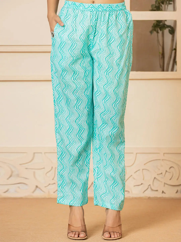 Turquoise Embroidered Pure Cotton Anarkali Kurta Trouser With Dupatta Set