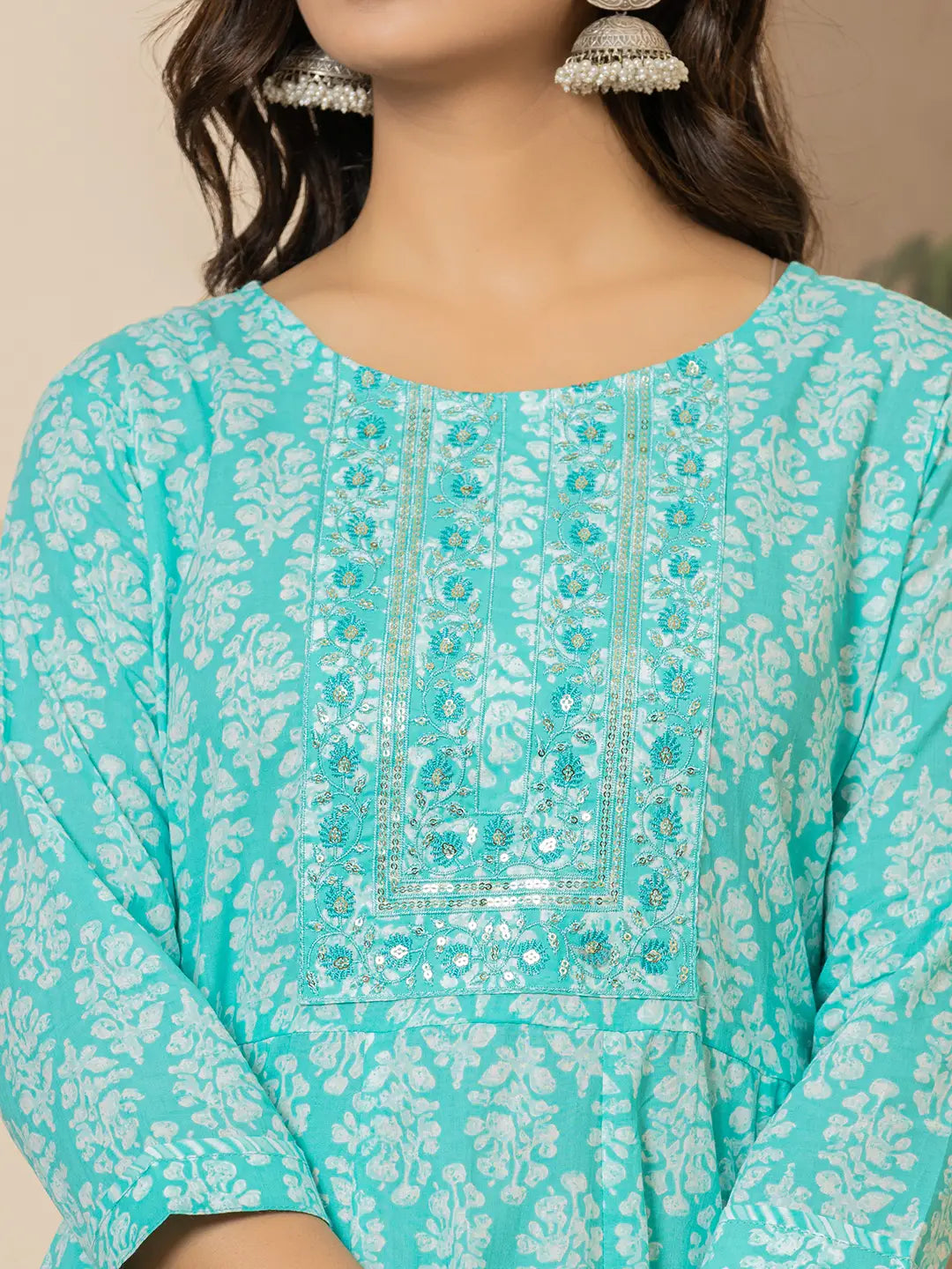 Turquoise Embroidered Pure Cotton Anarkali Kurta Trouser With Dupatta Set