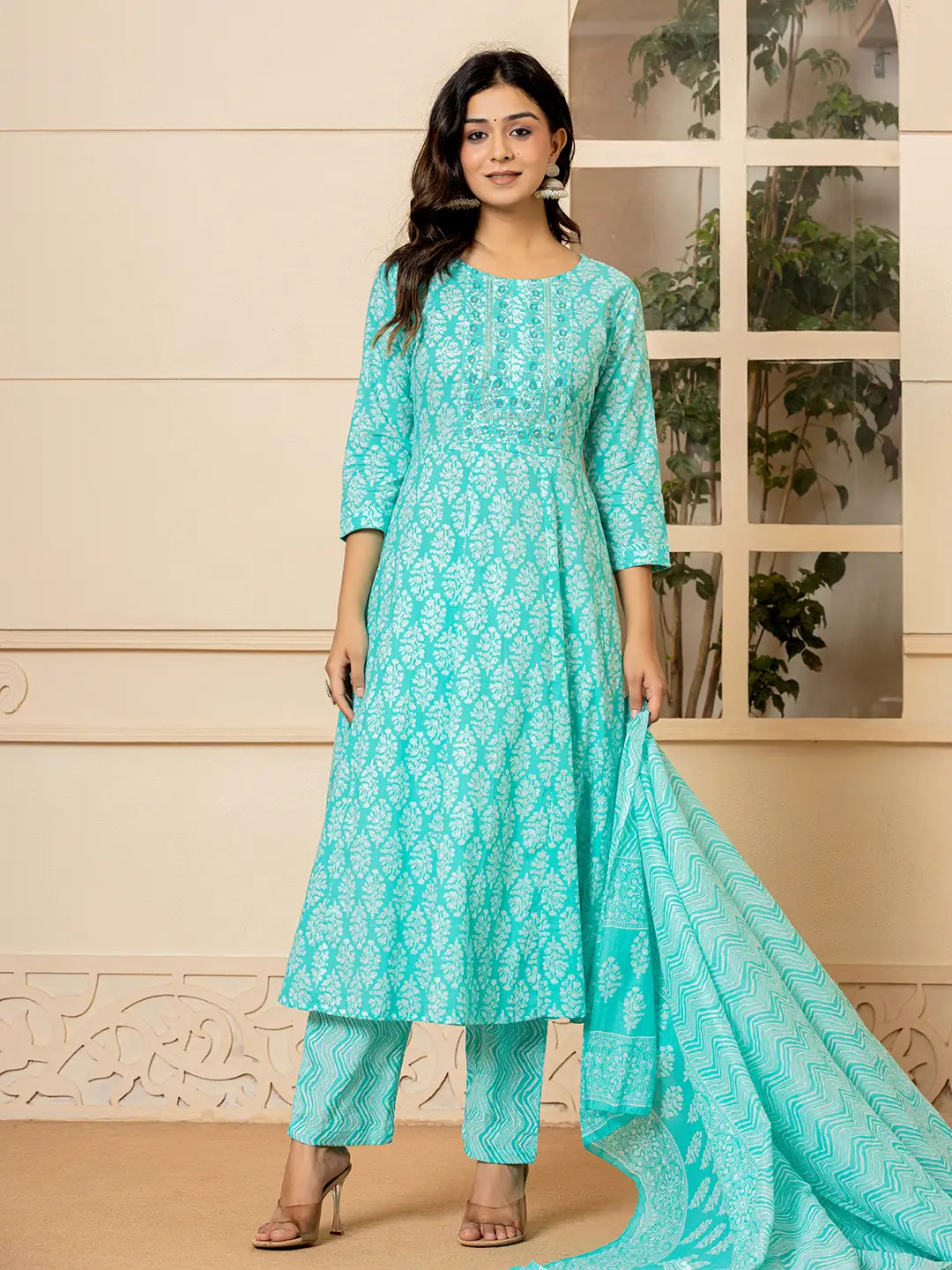 Turquoise Embroidered Pure Cotton Anarkali Kurta Trouser With Dupatta Set