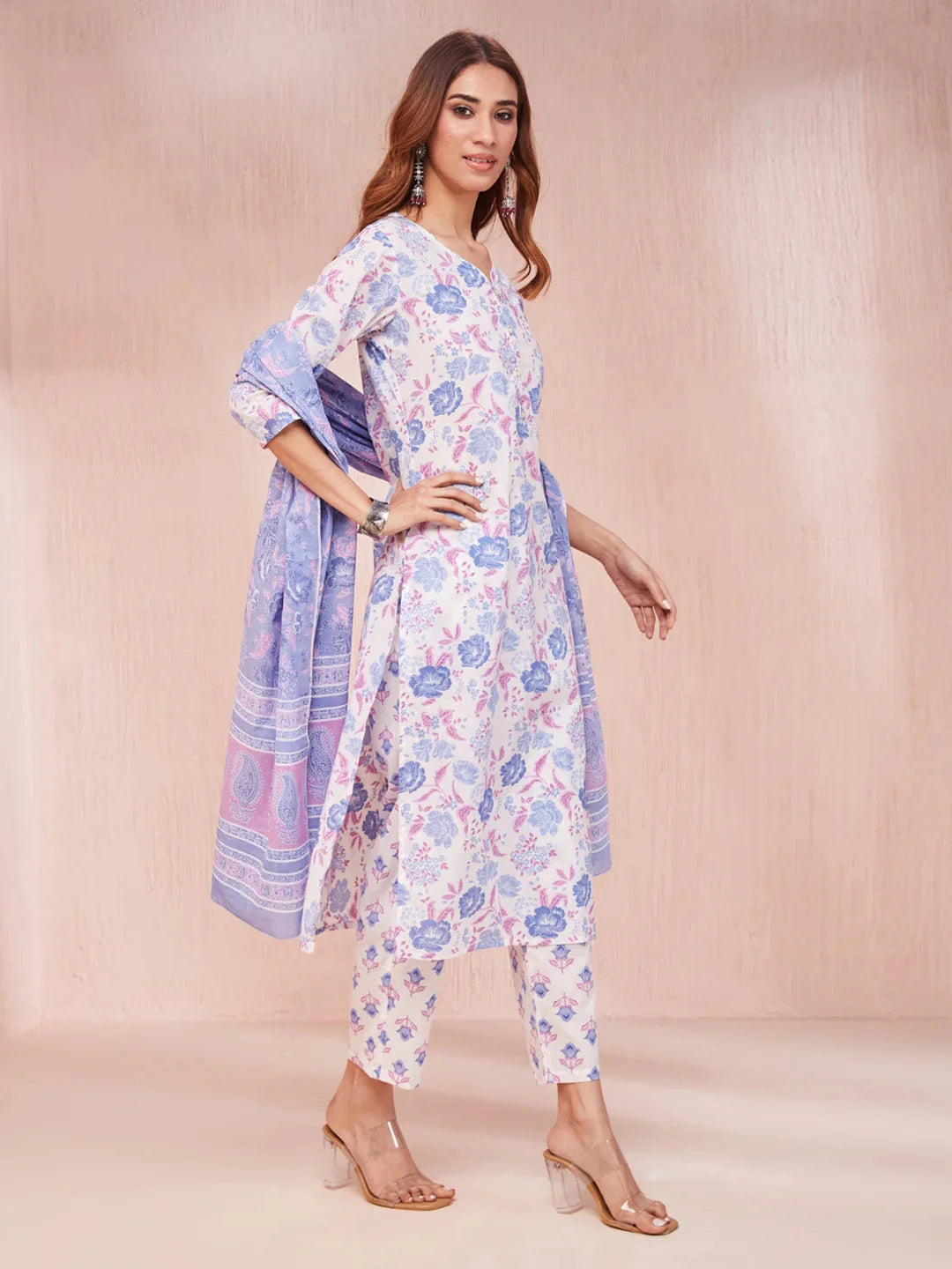 Violet And White Floral Print V Neck Straight Kurta Trouser Set