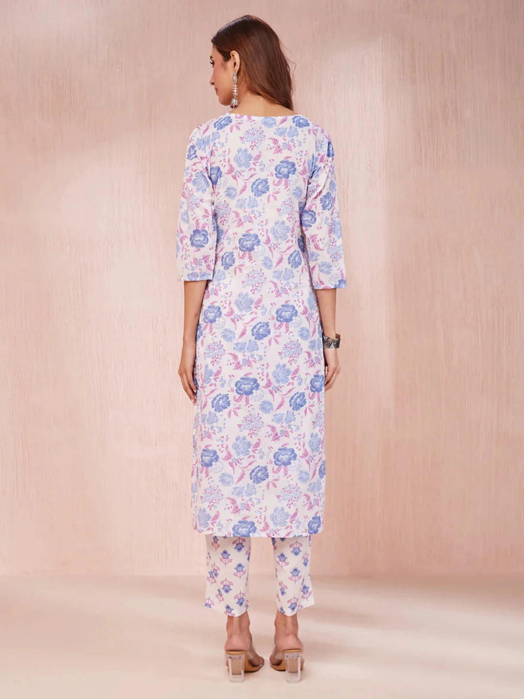 Violet And White Floral Print V Neck Straight Kurta Trouser Set