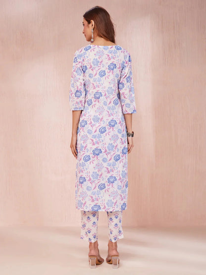 Violet And White Floral Print V Neck Straight Kurta Trouser Set