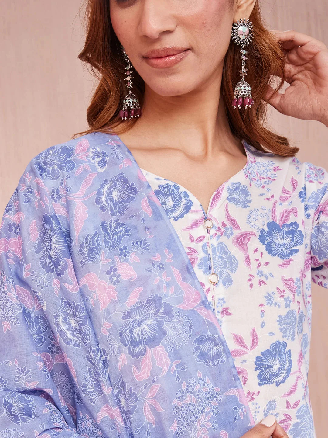 Violet And White Floral Print V Neck Straight Kurta Trouser Set