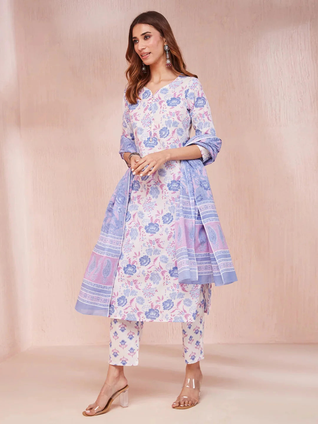 Violet And White Floral Print V Neck Straight Kurta Trouser Set
