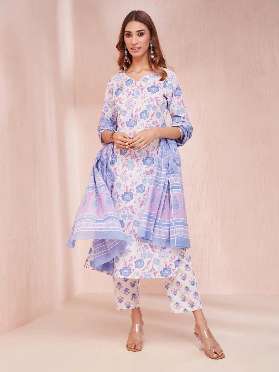 Violet And White Floral Print V Neck Straight Kurta Trouser Set