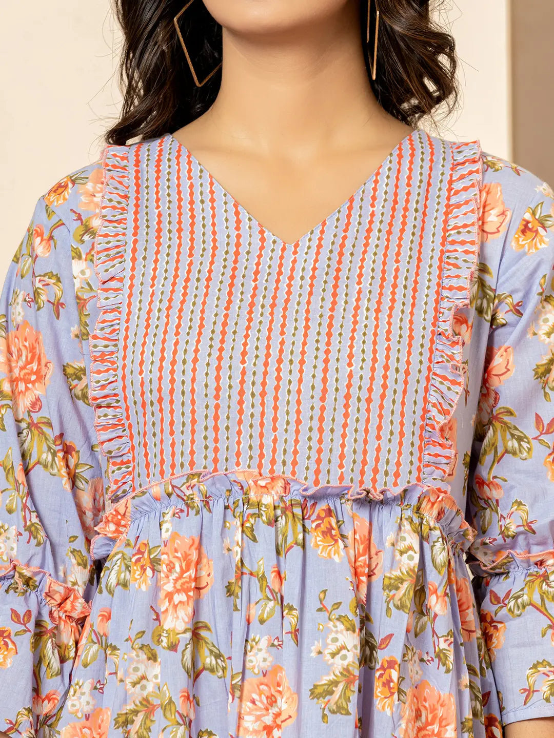 Violet Cotton Floral Print Tiered Dress With Ruffles