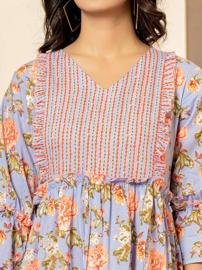Violet Cotton Floral Print Tiered Dress With Ruffles