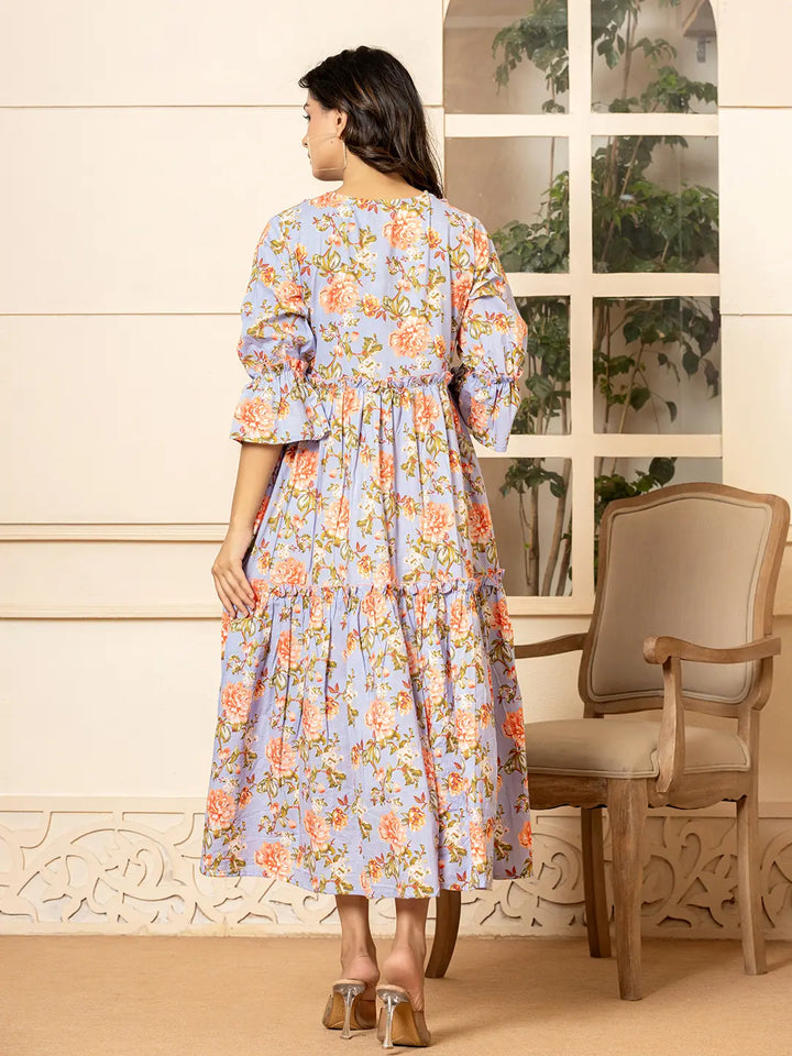 Violet Cotton Floral Print Tiered Dress With Ruffles