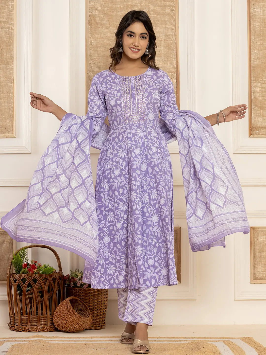 Violet Floral Print Anarkali Style Kurta And Trousers With Dupatta Set
