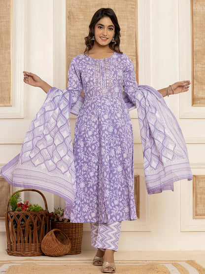 Violet Floral Print Anarkali Style Kurta And Trousers With Dupatta Set