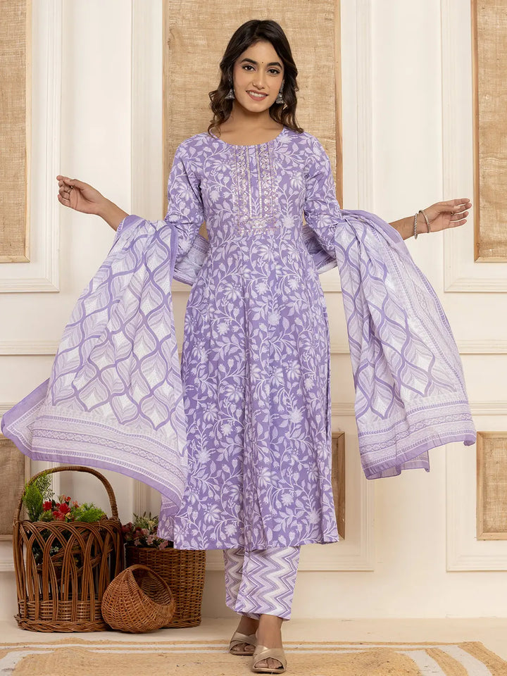Violet Floral Print Anarkali Style Kurta And Trousers With Dupatta Set