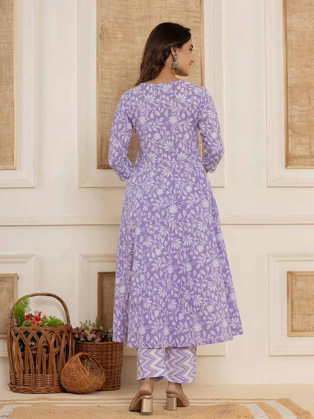 Violet Floral Print Anarkali Style Kurta And Trousers With Dupatta Set