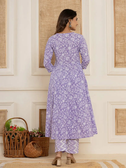 Violet Floral Print Anarkali Style Kurta And Trousers With Dupatta Set