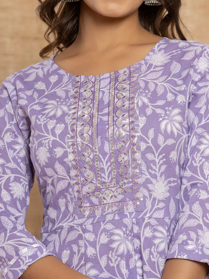Violet Floral Print Anarkali Style Kurta And Trousers With Dupatta Set