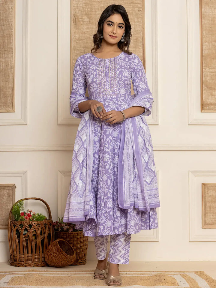Violet Floral Print Anarkali Style Kurta And Trousers With Dupatta Set
