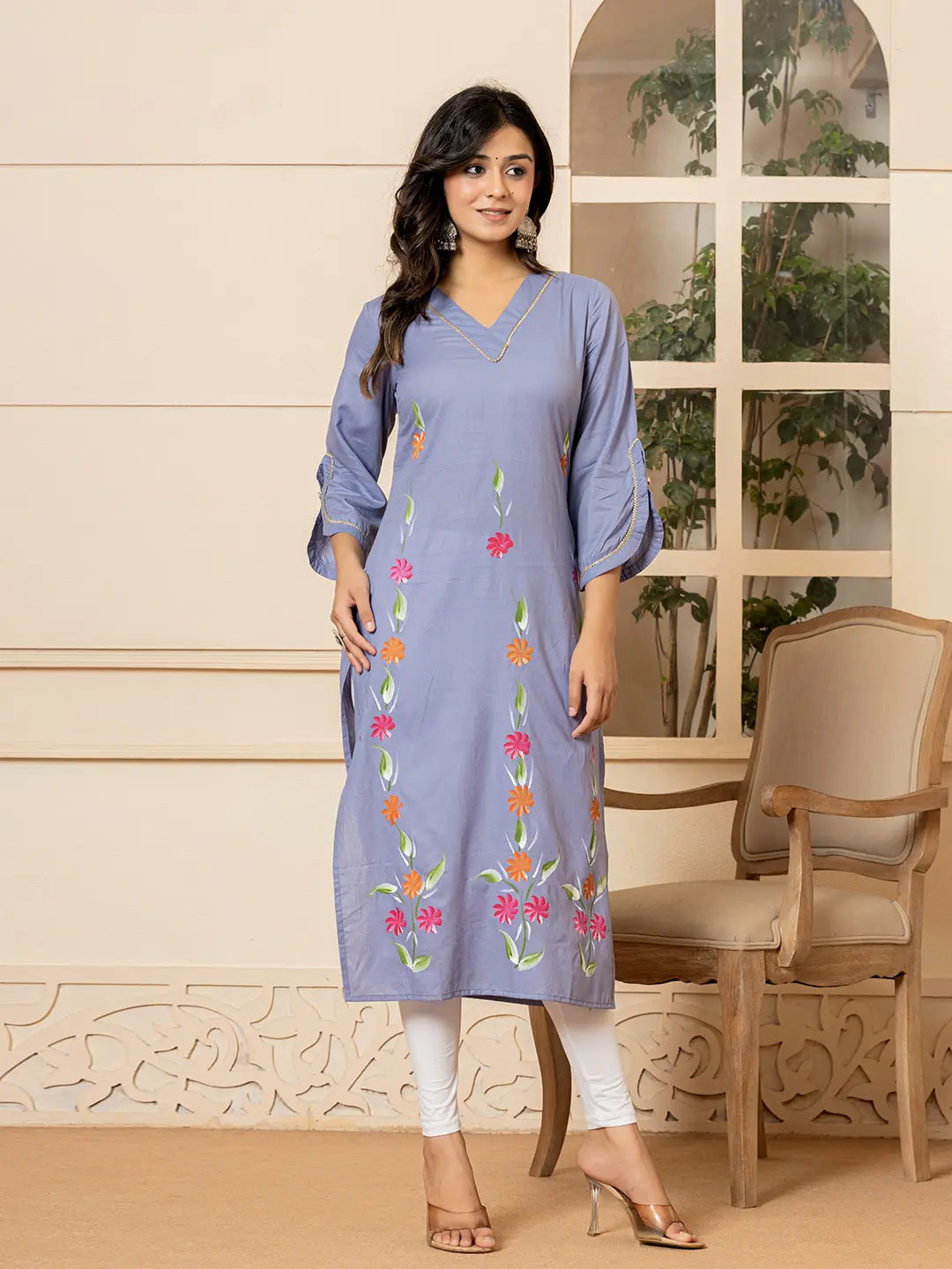 Violet Hand Painted Straight Kurta