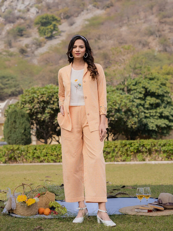 Weaved Cotton Checks Printed Co Ord Set With Embroidery