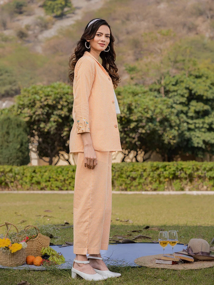 Weaved Cotton Checks Printed Co Ord Set With Embroidery