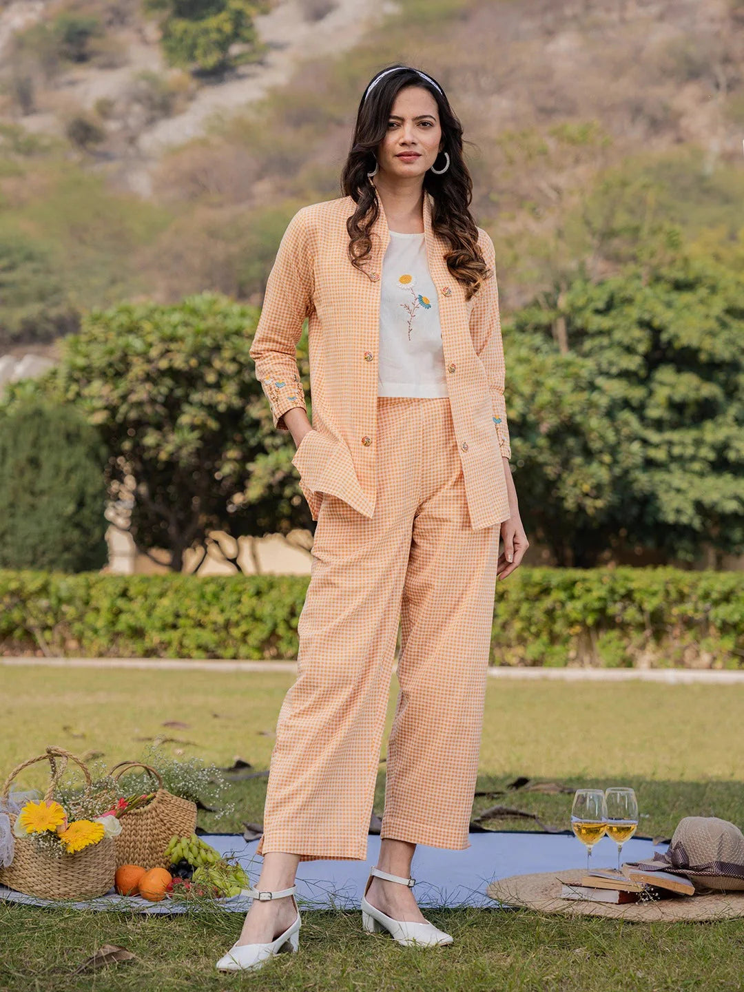 Weaved Cotton Checks Printed Co Ord Set With Embroidery