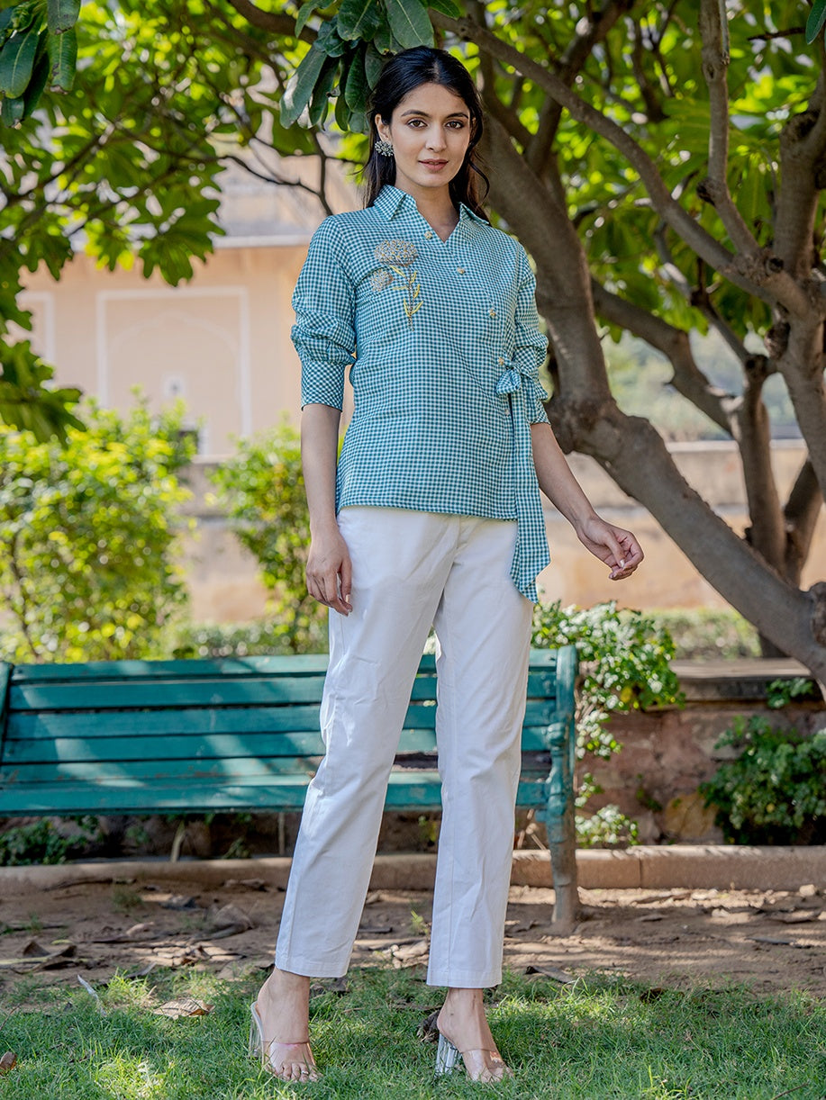 Weaved Sea Green Cotton Checks Printed Top With Embroidery