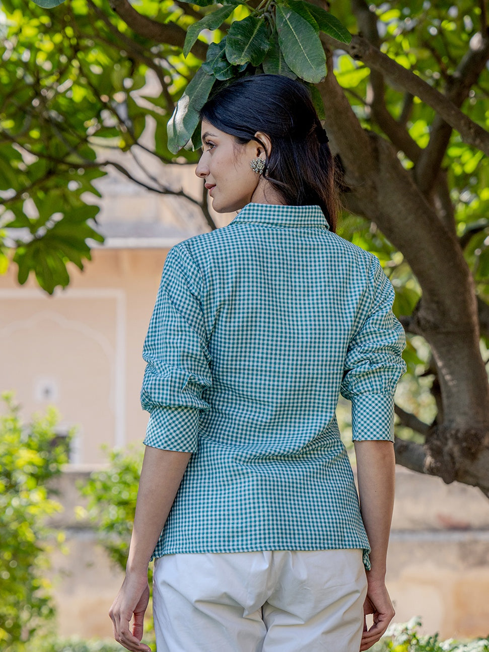 Weaved Sea Green Cotton Checks Printed Top With Embroidery