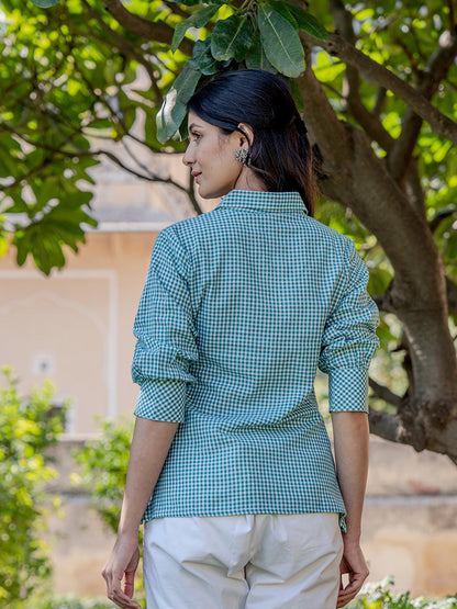 Weaved Sea Green Cotton Checks Printed Top With Embroidery