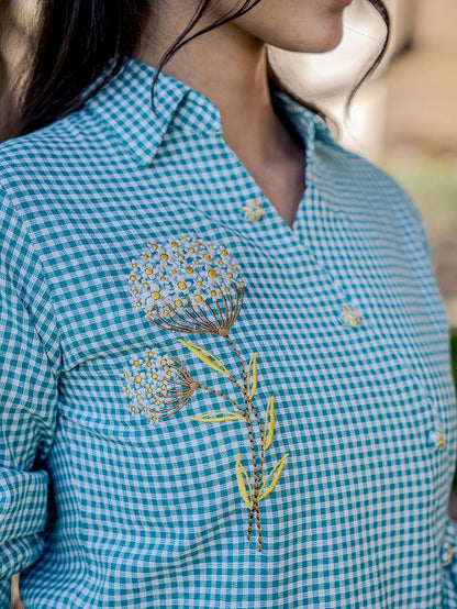 Weaved Sea Green Cotton Checks Printed Top With Embroidery
