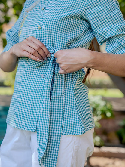 Weaved Sea Green Cotton Checks Printed Top With Embroidery