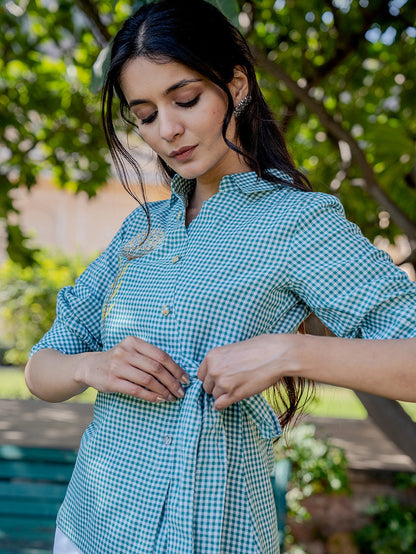 Weaved Sea Green Cotton Checks Printed Top With Embroidery