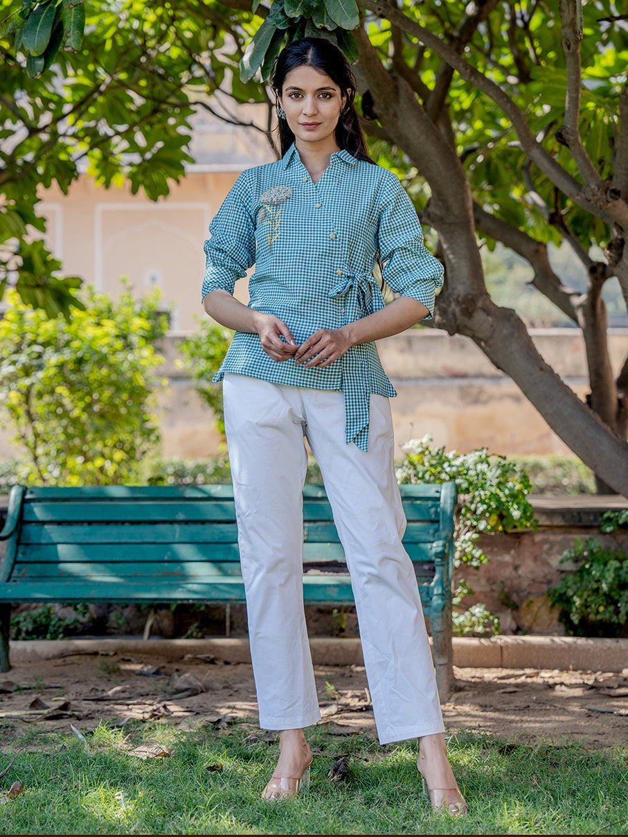 Weaved Sea Green Cotton Checks Printed Top With Embroidery