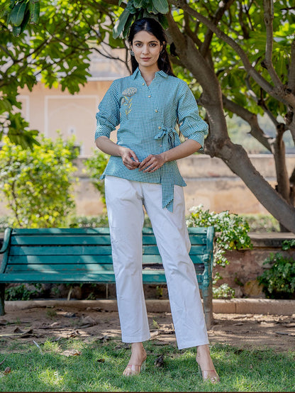 Weaved Sea Green Cotton Checks Printed Top With Embroidery