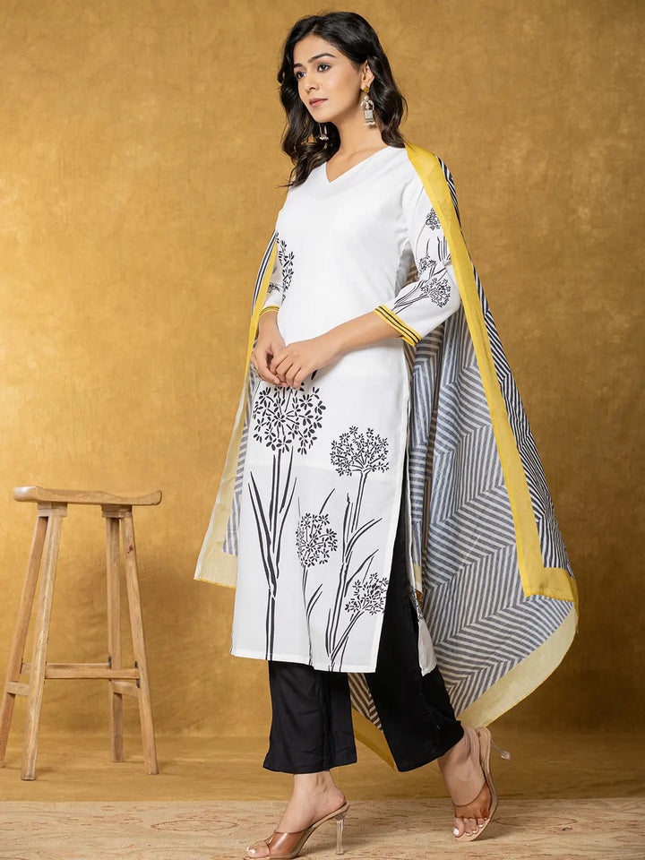 White And Black Linen Kurta Dupatta Pant Set