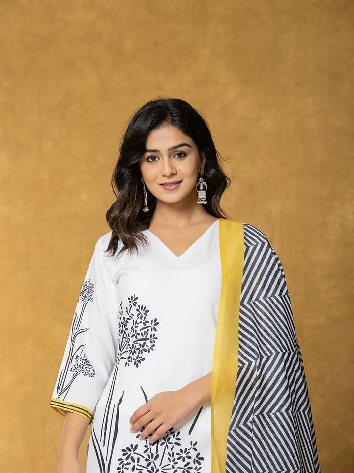 White And Black Linen Kurta Dupatta Pant Set