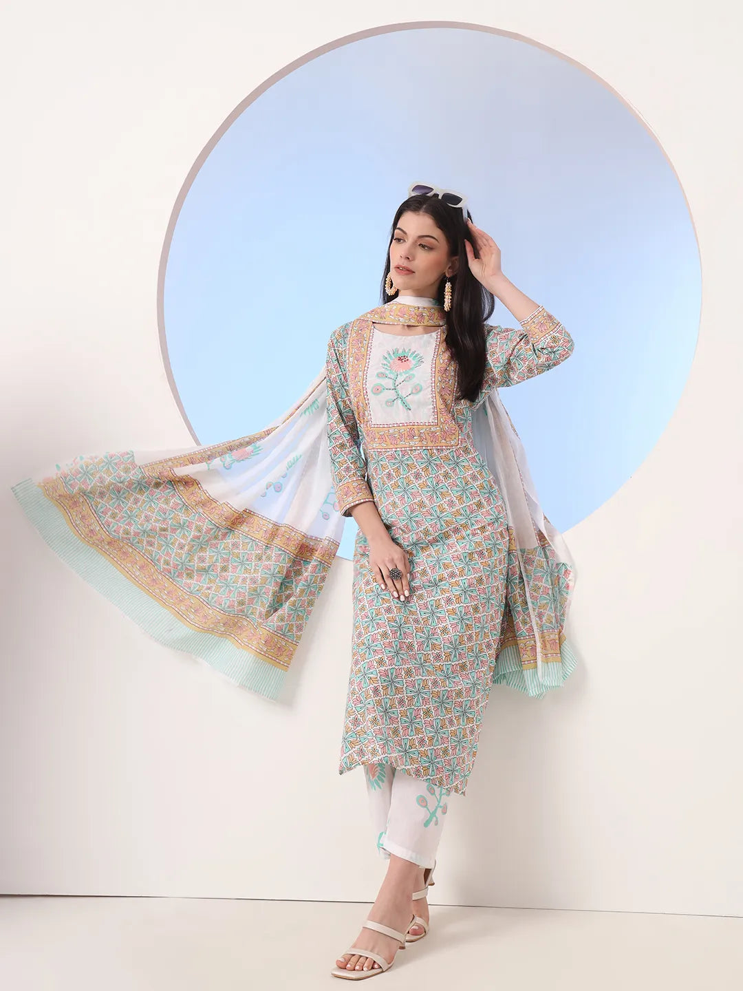 White And Blue Cotton Straight Kurta Pant Dupatta Set
