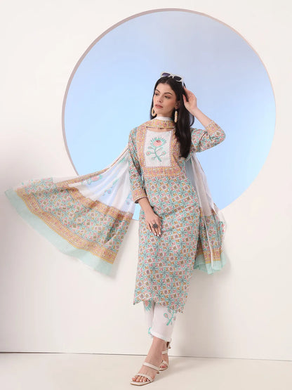 White And Blue Cotton Straight Kurta Pant Dupatta Set