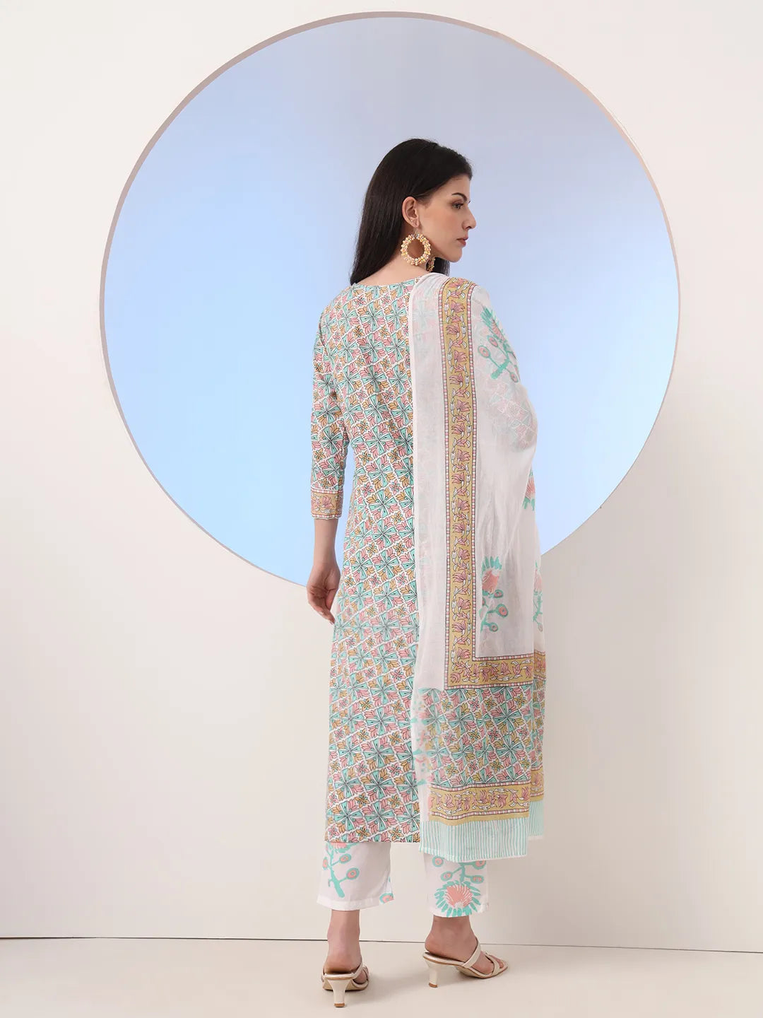 White And Blue Cotton Straight Kurta Pant Dupatta Set