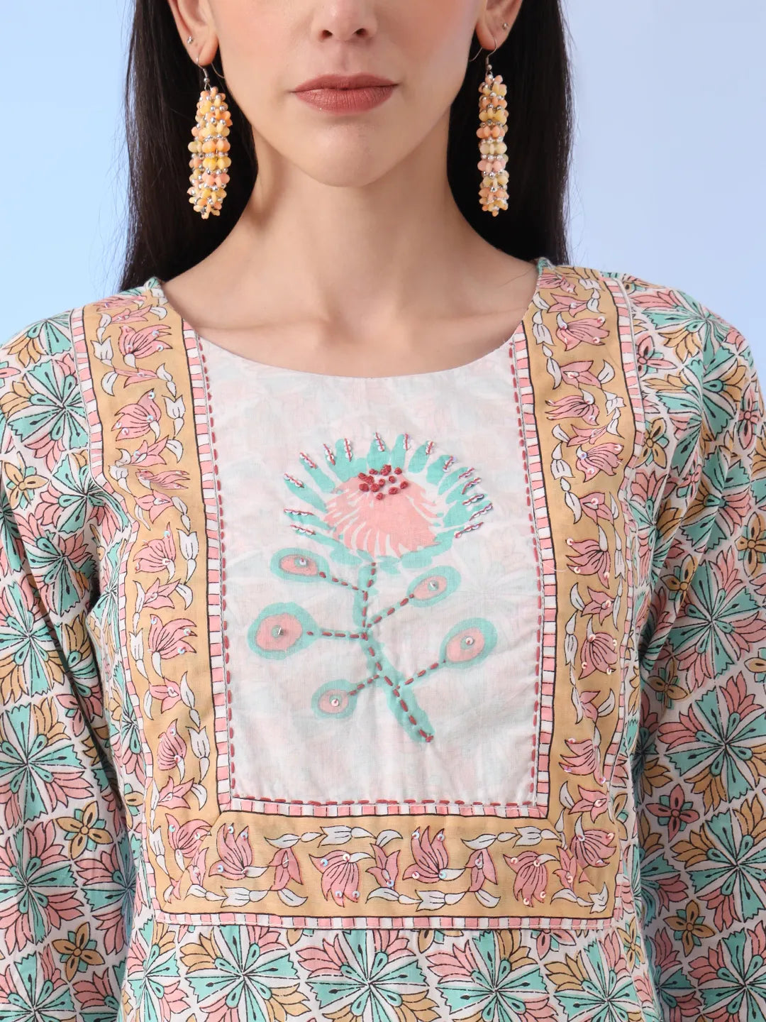 White And Blue Cotton Straight Kurta Pant Dupatta Set