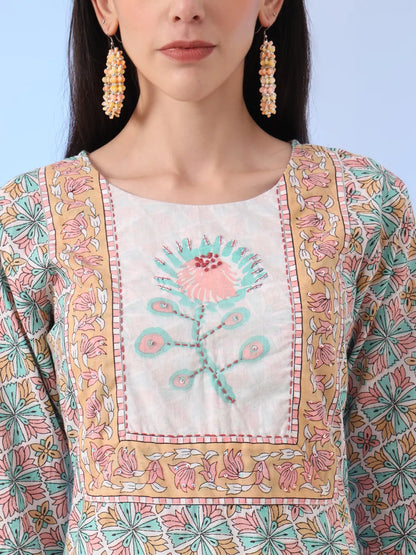 White And Blue Cotton Straight Kurta Pant Dupatta Set