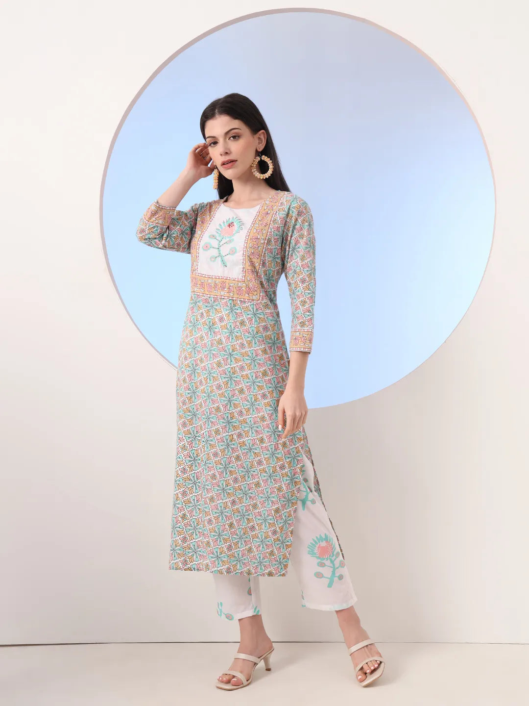 White And Blue Cotton Straight Kurta Pant Dupatta Set