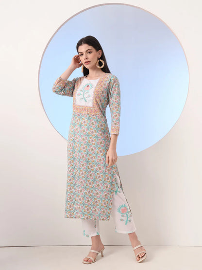 White And Blue Cotton Straight Kurta Pant Dupatta Set