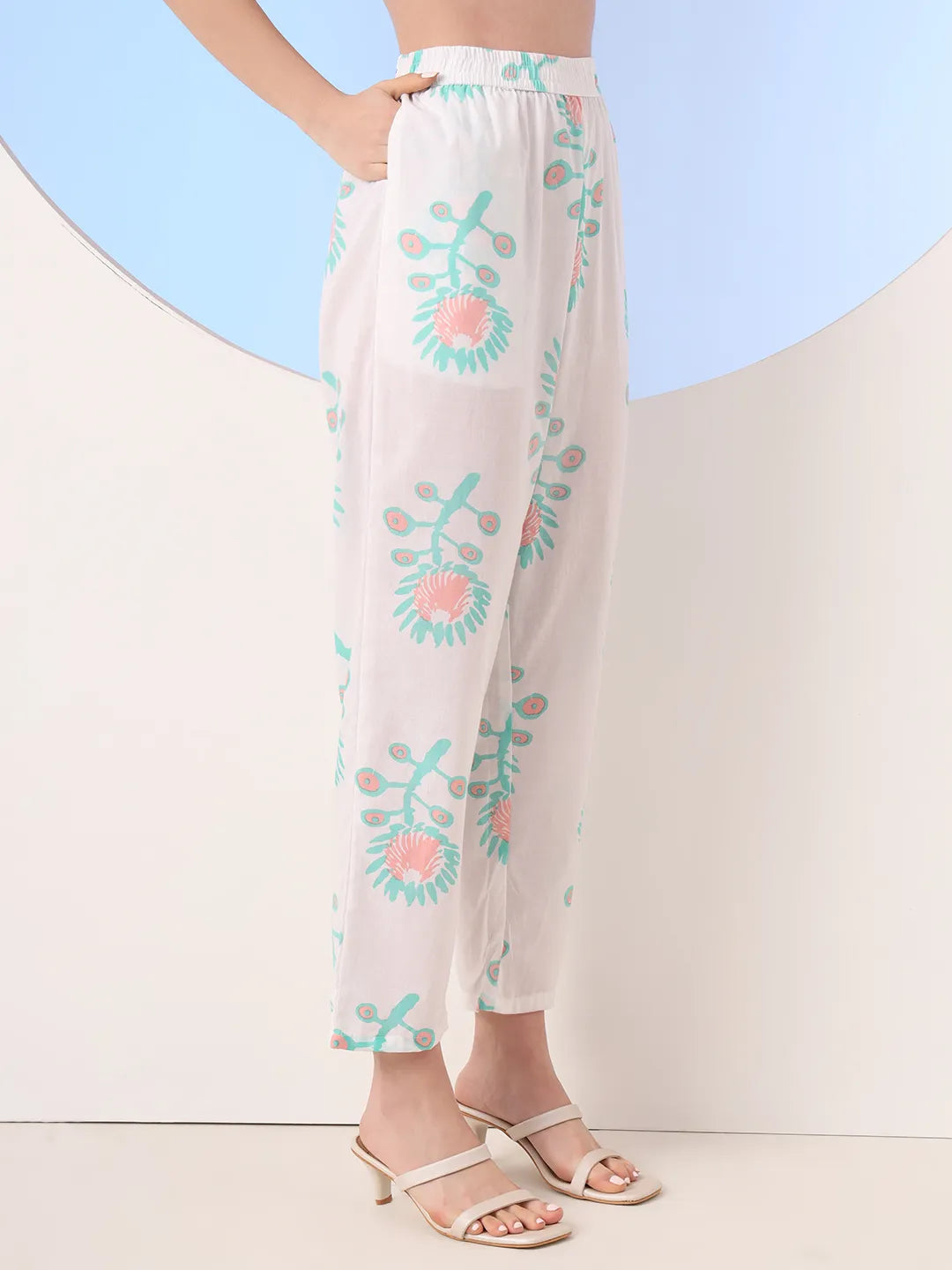 White And Blue Cotton Straight Kurta Pant Dupatta Set