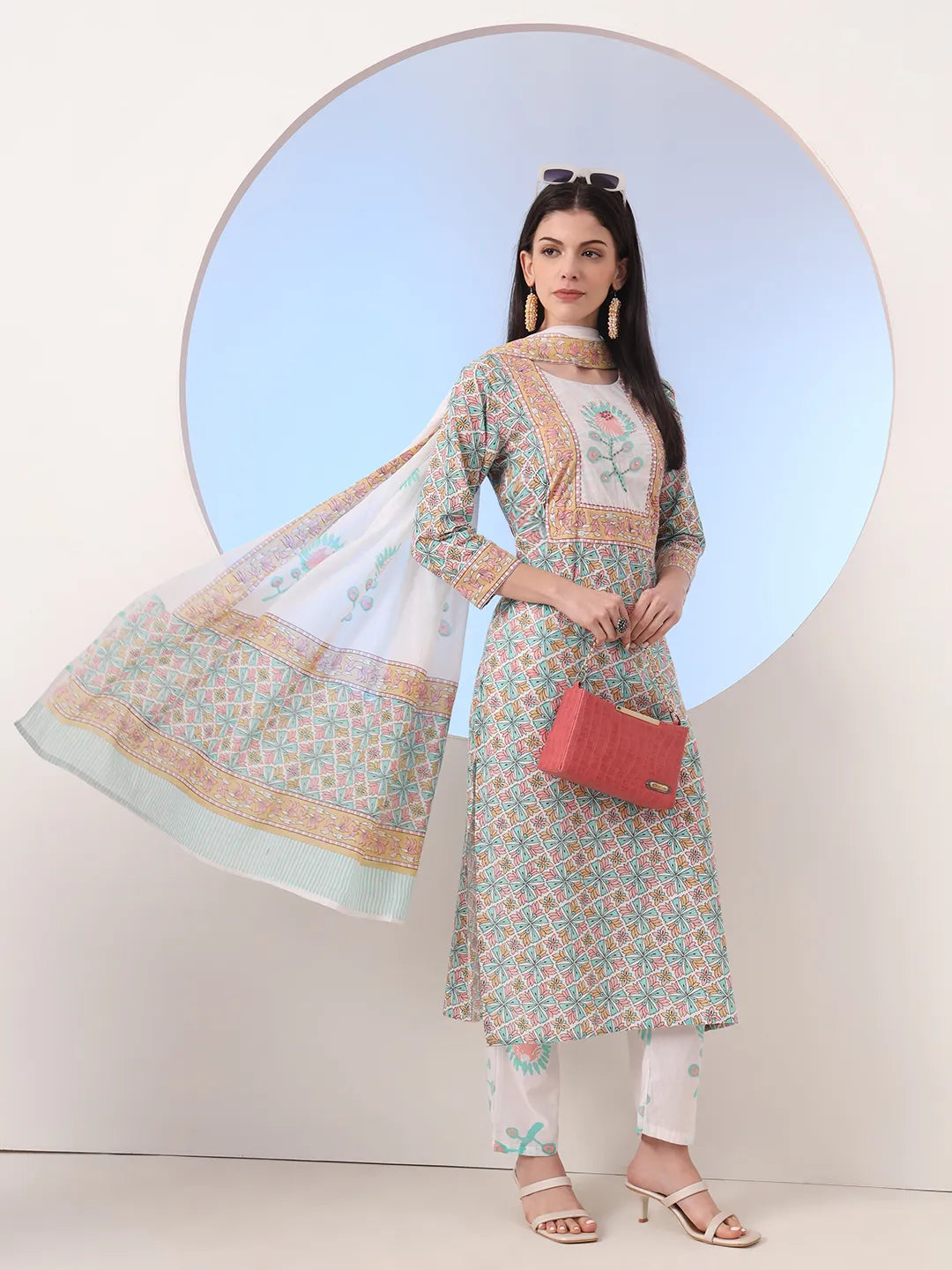 White And Blue Cotton Straight Kurta Pant Dupatta Set