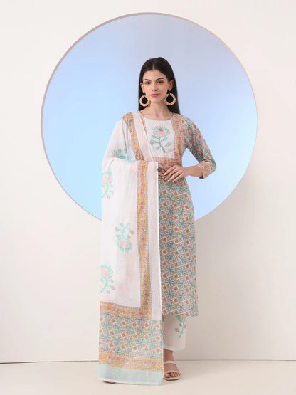 White And Blue Cotton Straight Kurta Pant Dupatta Set