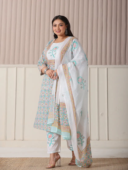 White And Blue Cotton Straight Plus Size Kurta Pant Dupatta Set