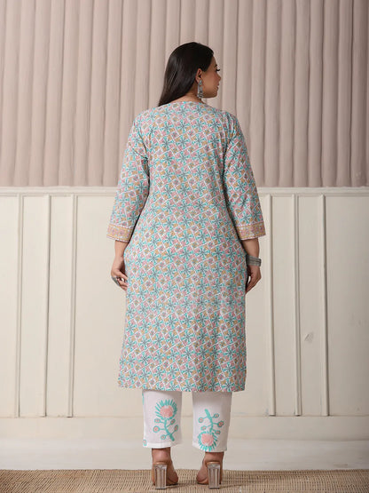 White And Blue Cotton Straight Plus Size Kurta Pant Dupatta Set