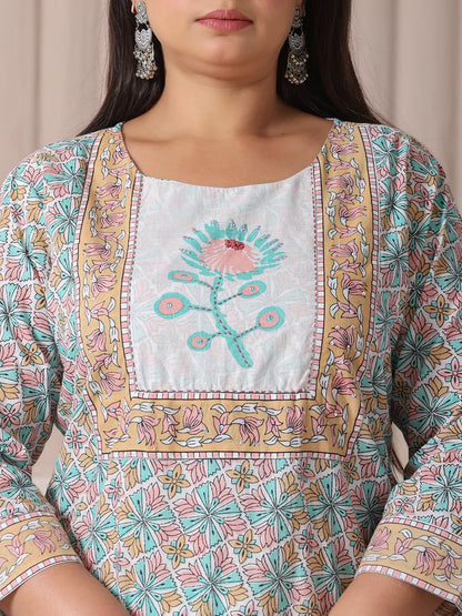 White And Blue Cotton Straight Plus Size Kurta Pant Dupatta Set