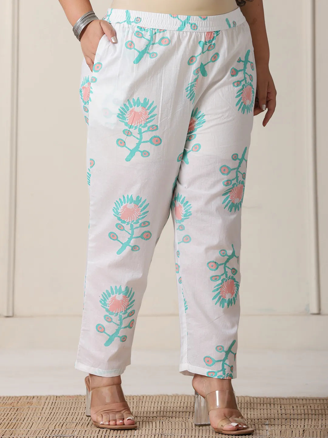 White And Blue Cotton Straight Plus Size Kurta Pant Dupatta Set